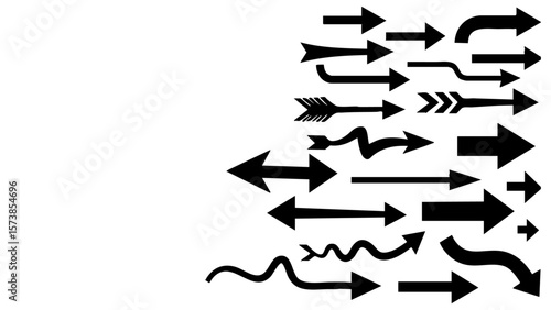 Vector art of a collection of black arrows on a transparent background, representing diverse directions and pathways