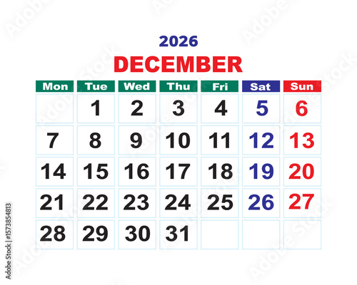 Foto December 2026 calendar page, editable printable planner layout with weekday high