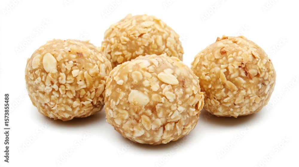 Four round, light-brown, oat-covered treats, close-up on white background. Four round, light-brown, oat-covered treats, close-up on white background.