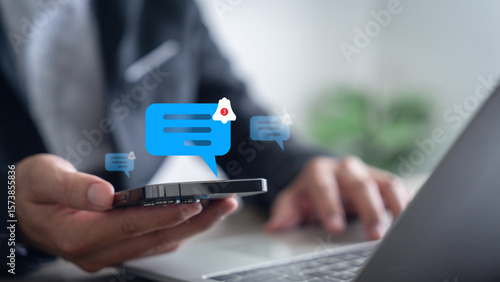 Smartphone user with notification bell icon on virtual screen. Notification concept. Push notifications. Web notifications. Schedule and announcements.