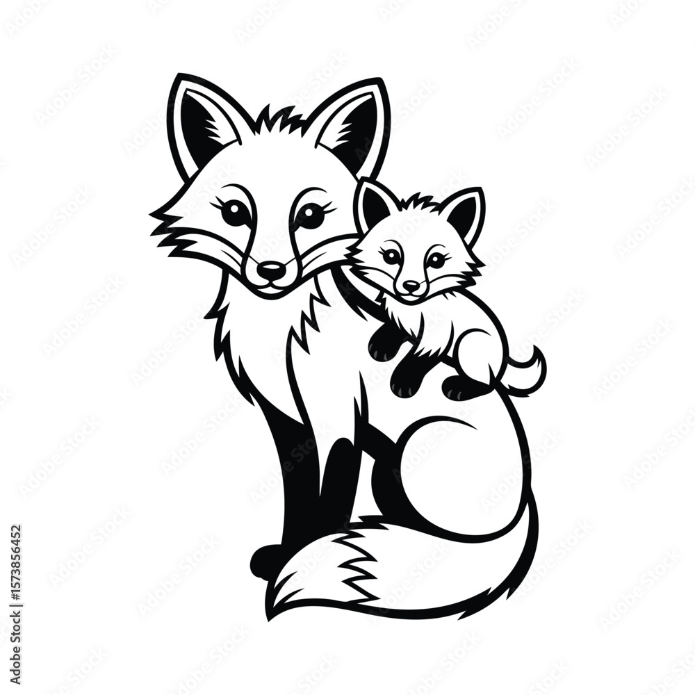 Fototapeta premium Fox with Her Baby, Isolated Symbol of Family and Love On White Background