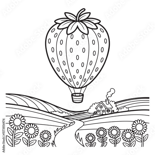 Strawberry balloon over field coloring page illustration