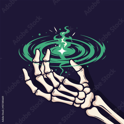 Skeleton hand holding a green swirling magical energy ball