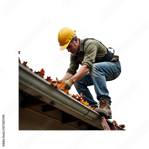 Mature Male Contractor Cleaning Autumn Leaves from Roof Gutter