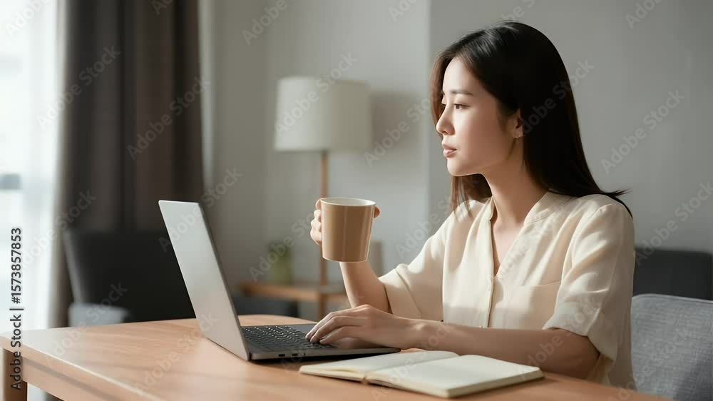Focused Young Woman Works from Home, Sipping Coffee, Laptop Productivity Focused Young Woman Works from Home, Sipping Coffee, Laptop Productivity