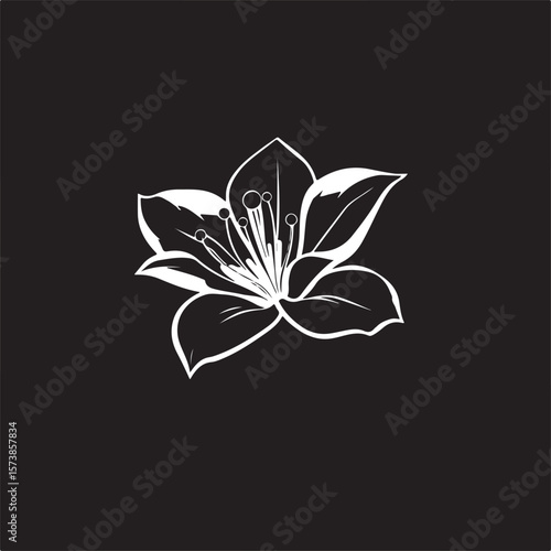 A timeless and elegant black and white vector silhouette of a flame azalea, styled in a futuristic sci-fi aesthetic. The image features clean lines and incorporates subtle space elements.