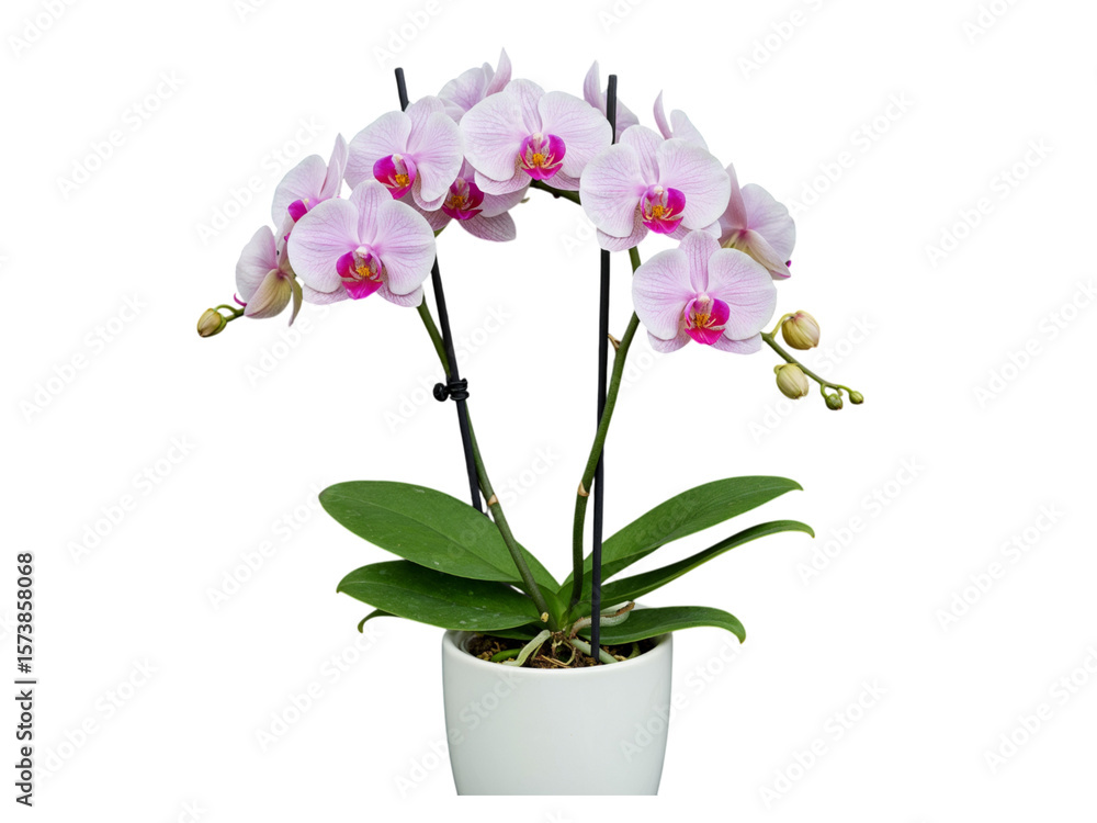 Delicate pink orchid plant with blooming flowers and buds in a white pot isolated on transparent background Delicate pink orchid plant with blooming flowers and buds in a white pot isolated on transparent background