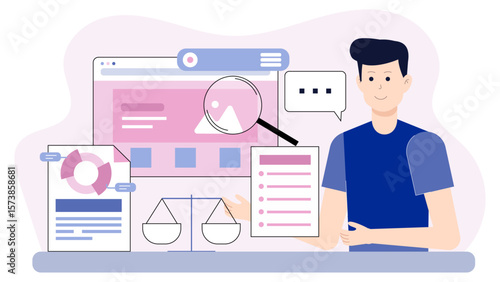 Legal advisor reviewing brand guidelines flat vector illustration