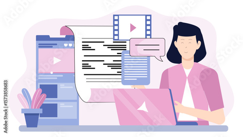 Content writer editing script for video flat vector illustration
