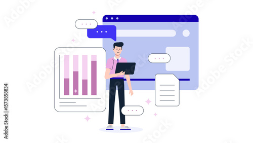Business owner managing subscriptions on admin panel flat vector illustration