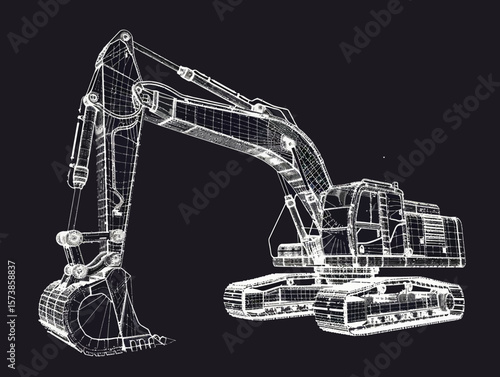 Excavator wire-frame grid futuristic design concept vector illustration