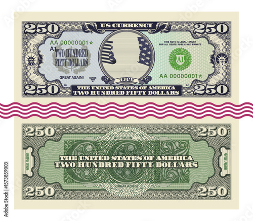 Vector fictional banknote, obverse and reverse in vintage money style. Denomination 250 dollars, series 2025. trump. United States of America. Beautiful note with guilloche patterns. Game cash