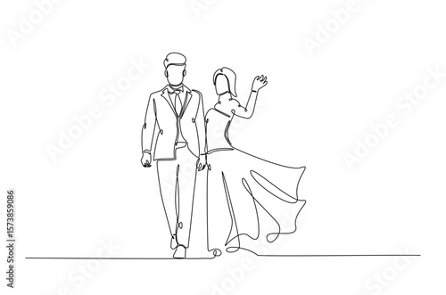 Romantic wedding couple in continuous one line drawing. Single line art illustration of lovely wedding couple.