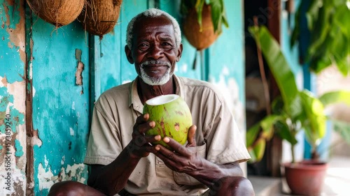 Happy Elderly Man Drinking Coconut Water with Cuba.