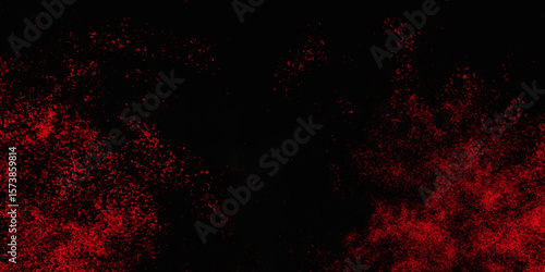 Red color powder explosion isolated on black background. Colorful dust explode. Paint Holi, dust particles splash. Network concept with spray. Futuristic technology element. 3D rendering.
