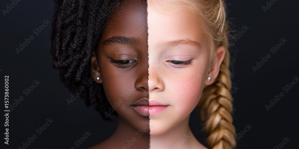 Split screen divided in half with a portrait of a young girl. On the left side, she is black, and on the right side, she is white Split screen divided in half with a portrait of a young girl. On the left side, she is black, and on the right side, she is white