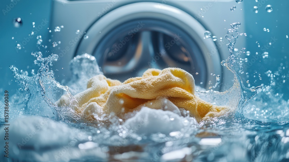 Fototapeta premium Wet towels splashing, washing machine background, laundry cleaning