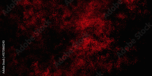Red color powder explosion isolated on black background. Colorful dust explode. Paint Holi, dust particles splash. Network concept with spray. Futuristic technology element. 3D rendering.