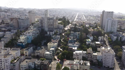 Downtown With A View Of The Prominent Winding Road Of Lombard Street In San Francisco, United States. Aerial Drone Shot