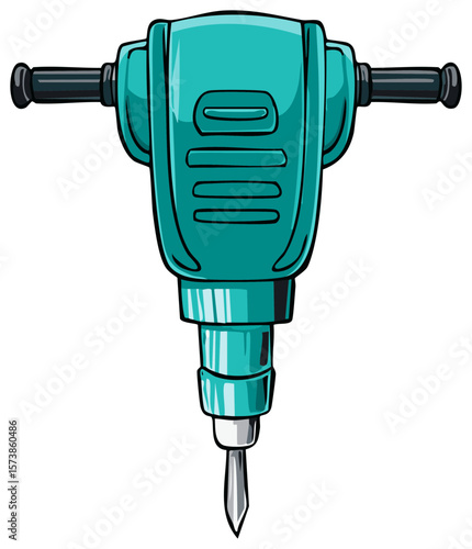 Cartoon Illustration: Blue jackhammer with black handles and sharp point for construction or demolition, flat design on white.