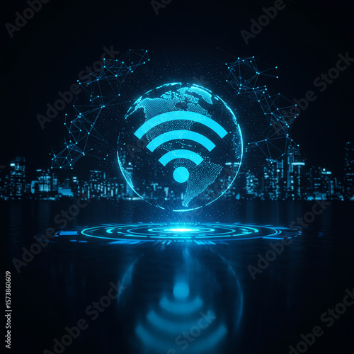 Futuristic blue wifi network connection showing global internet communication. An innovative abstract tech concept with world hologram and city background for future connection