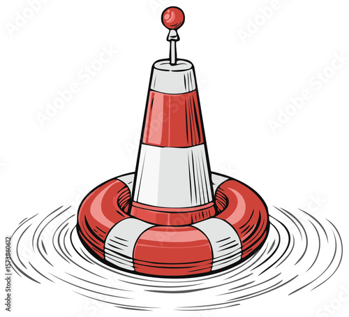 Cartoon Floating Buoy with Red and White Stripes in the Ocean Water Nautical Navigation