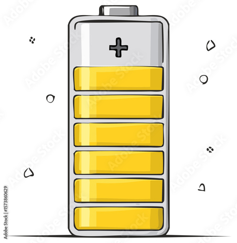 Cartoon Battery Illustration with Yellow Charge Level Sections on White Background