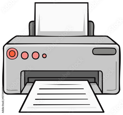 Cartoon illustration of a gray printer with paper entering and exiting it.