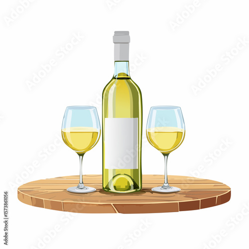 Bottle of chilled white wine and two glasses placed on wooden table