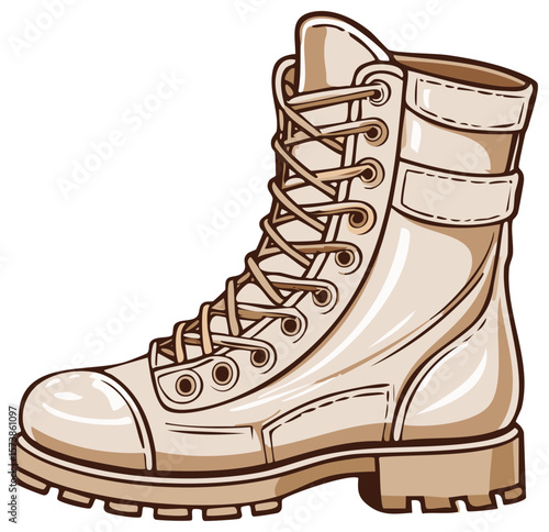 High laced boot clip art. Tan leather work shoe or hiking footwear with durable lug sole, side view.