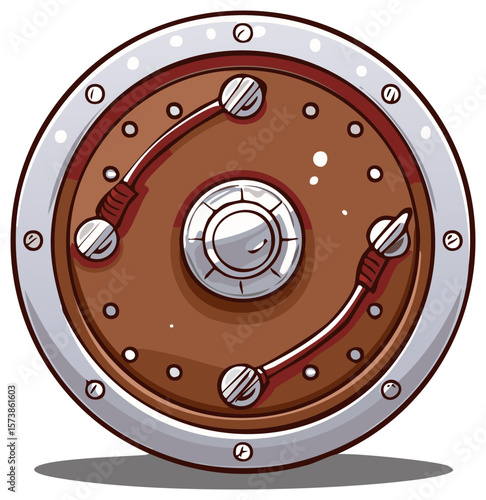 Cartoon Round Shield Illustration with Steel Rim Detailing and Protective Accessories