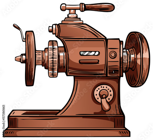Brown Metal Turning Lathe Machinery with Hand Wheels and Mechanical Details