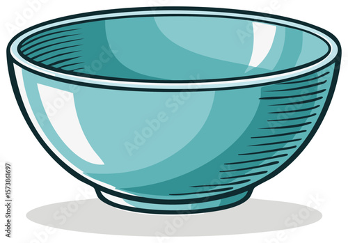 Cartoon illustration of an empty blue bowl isolated on a white backdrop, showing interior hatch marks and subtle shadow.