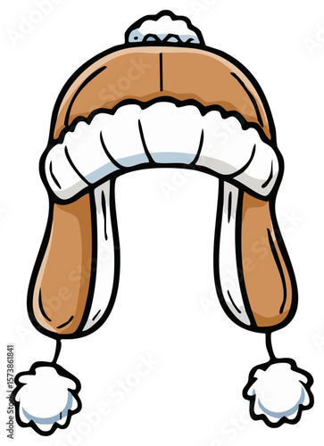 Winter Ushanka Hat with Ear Flaps and Pompoms Isolated on White Background