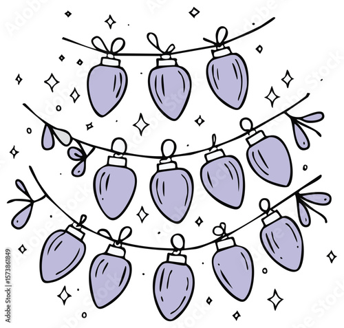 Hand Drawn Festive Holiday String Lights with Leaves and Sparkles Decoration in Purple