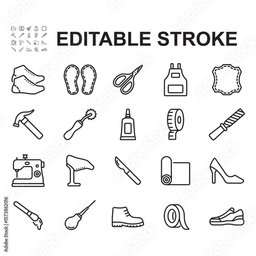 Shoemaker icon set. Thin line vectors. Contains icons such as hammer, shoe, sole and more.