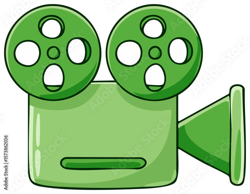 Cartoon Green Film Projector Camera Icon Illustration Featuring Reels and Projector with Simple Design