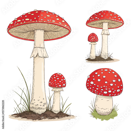 Illustration of fly agaric mushrooms isolated on white background