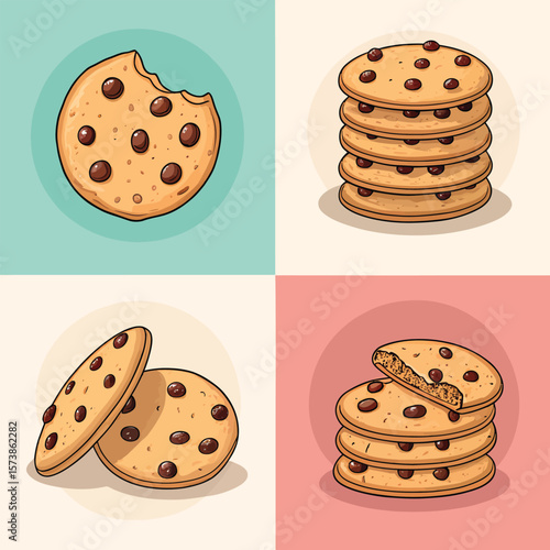 Illustration of chocolate chip cookies on a colorful background