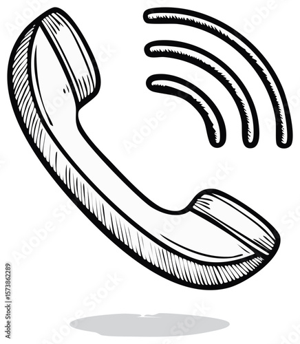 Telephone ringing hand drawn illustration of a traditional phone with sound waves in black and white