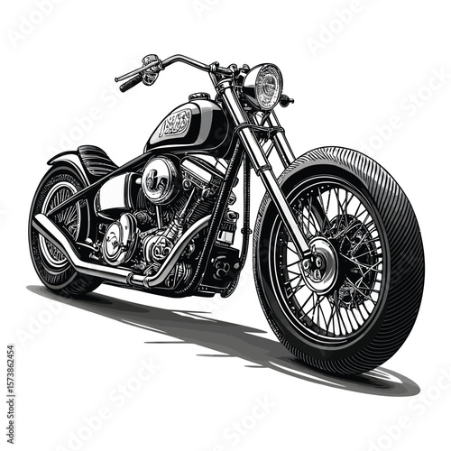 A vintage black and white chopper motorcycle isolated on white background