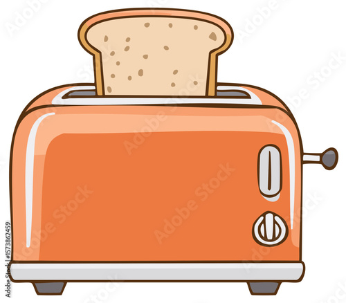 Illustration of a vibrant orange toaster toasting a single slice of whole wheat bread, ready for a delicious breakfast or snack