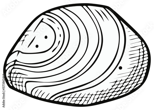 Stylized Single Oyster Seashell Black and White Outline Illustration  Aquatic Mollusk with Shell Pattern