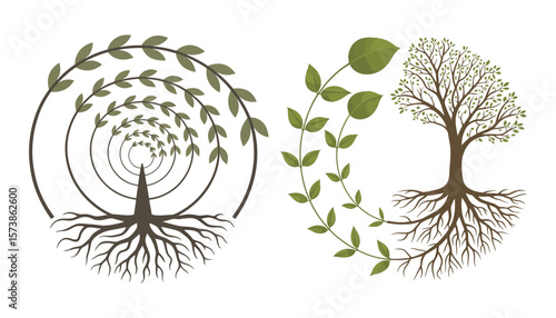 Black vector silhouette of a tree with roots, leaves, and branches, perfect for nature and garden designs