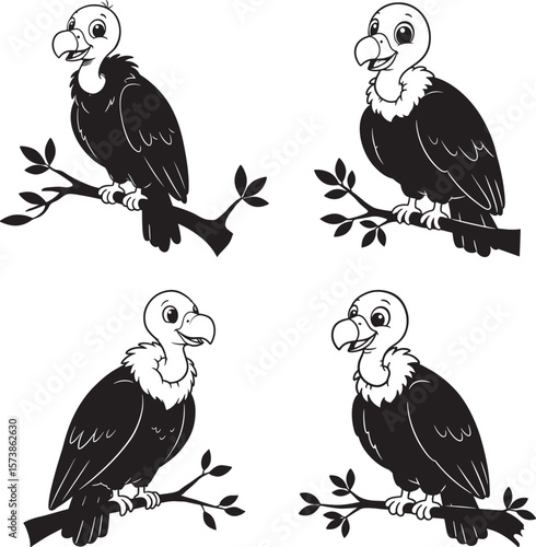 Cute Cartoon Vulture Standing On Branch silhouette