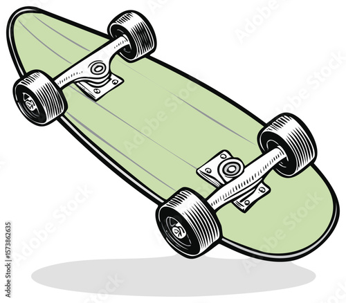 Illustration of a classic skateboard with lime-colored deck, silver trucks, and black wheels, isolated