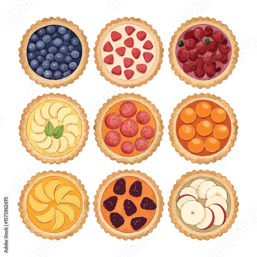 A collection of fruit tarts isolated on white background for dessert