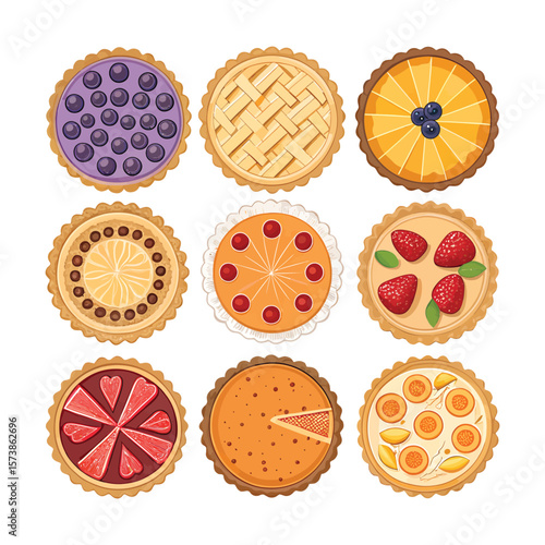 A variety of fruit pies isolated on white background for dessert