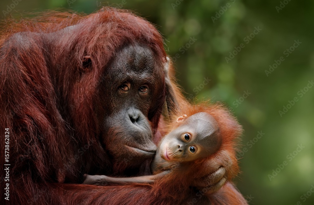 Mother orangutan cuddles her adorable baby in lush forest. Mother orangutan cuddles her adorable baby in lush forest.