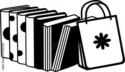 Notebook and shopping bag illustration, SVG with clean lines.Black and White Illustration of Books and Shopping Bag